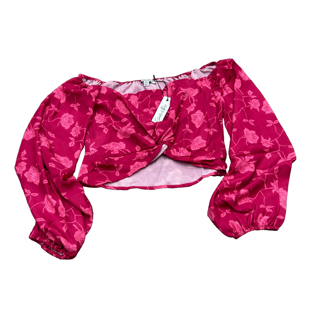 NWT Shades of Rose Womens Pink Floral‎ Long Sleeve Twist Front Cropped Top Sz XS